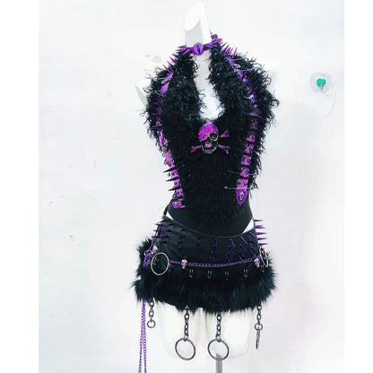 Halter skull applique rivet fluffy top  | Festival Outfits Women