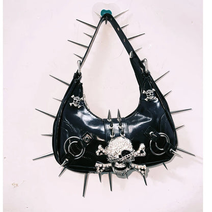 Skull applique PU leather rivet handbag  | Festival Outfits Women