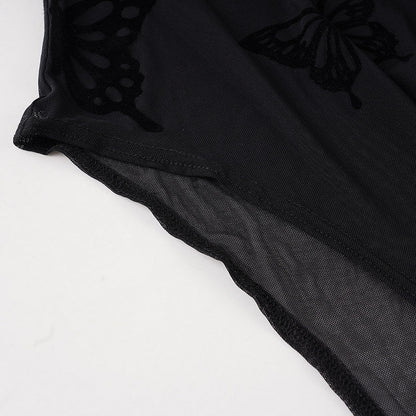 Butterfly pattern long sleeve mesh bodysuit  | Festival Outfits Women
