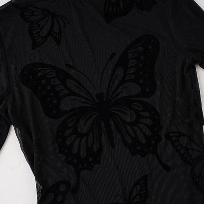 Butterfly pattern long sleeve mesh bodysuit  | Festival Outfits Women
