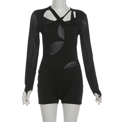Hollow out long sleeve mesh gloves romper  | Festival Outfits Women