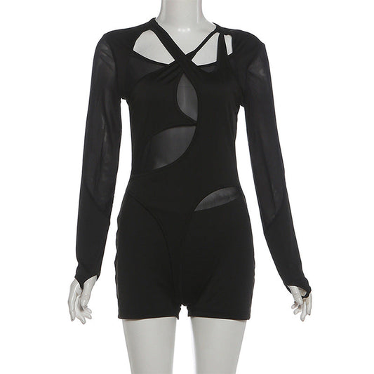 Hollow out long sleeve mesh gloves romper  | Festival Outfits Women