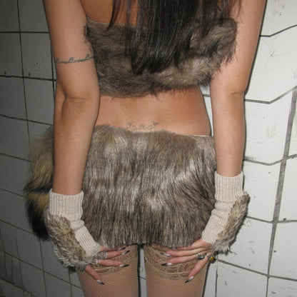 Fluffy backless contrast tube mini skirt set  | Festival Outfits Women