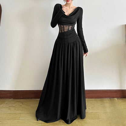 Long sleeve cowl neck lace ruched maxi dress  | Festival Outfits Women