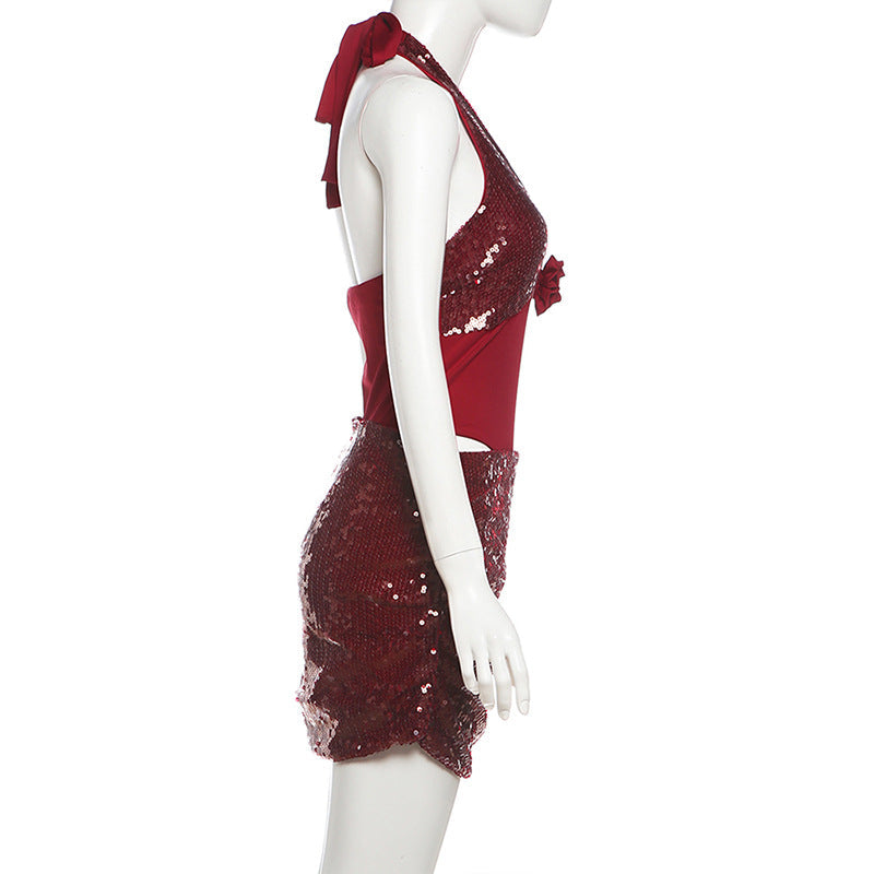 Glitter flower applique halter self tie mini skirt set  | Festival Outfits Women
