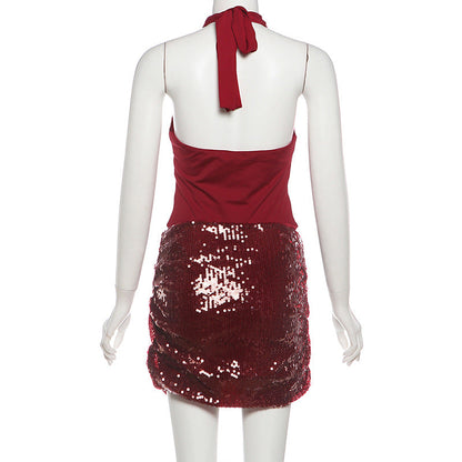 Glitter flower applique halter self tie mini skirt set  | Festival Outfits Women