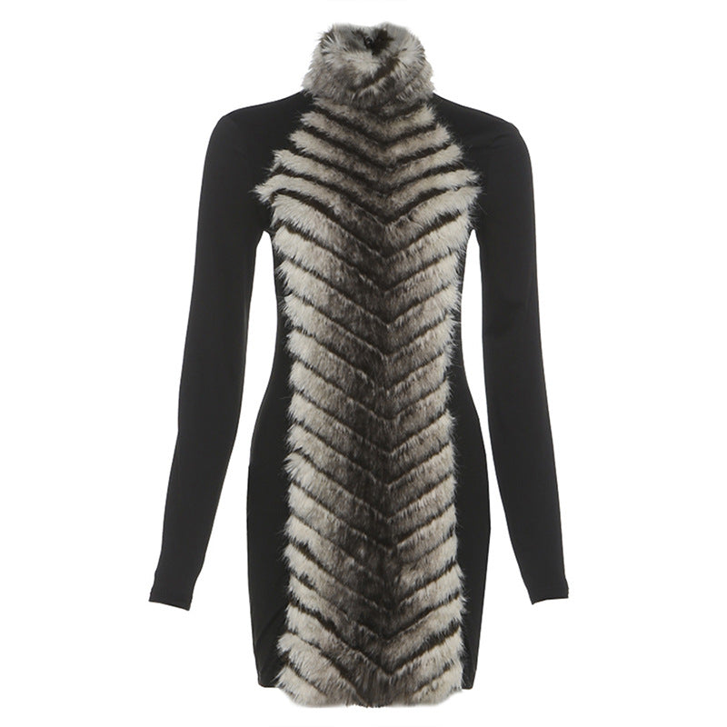 High neck fluffy long sleeve zip-up mini dress  | Festival Outfits Women