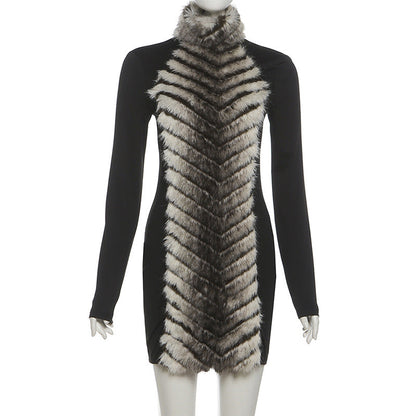 High neck fluffy long sleeve zip-up mini dress  | Festival Outfits Women
