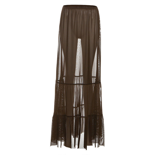 Sheer mesh ruched solid maxi skirt  | Festival Outfits Women