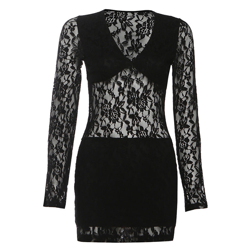 Lace long sleeve v neck solid mini dress  | Festival Outfits Women