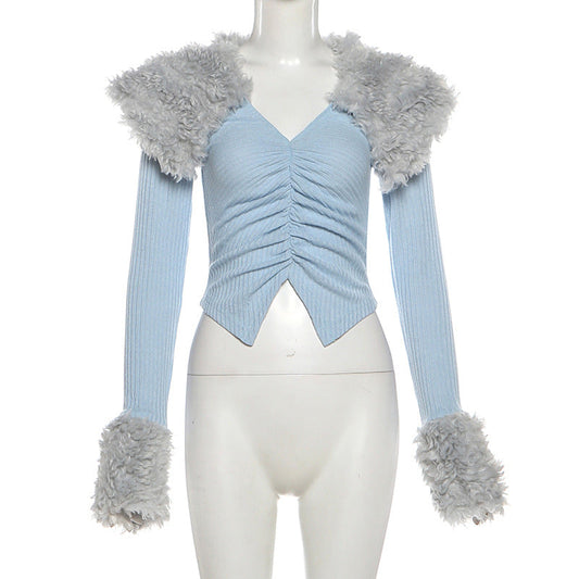 Ruched long sleeve fluffy v neck top  | Festival Outfits Women