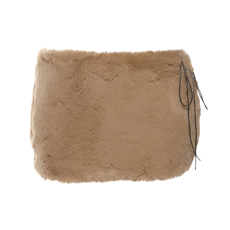 Fluffy zip-up self tie solid mini skirt  | Festival Outfits Women