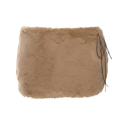 Fluffy zip-up self tie solid mini skirt  | Festival Outfits Women