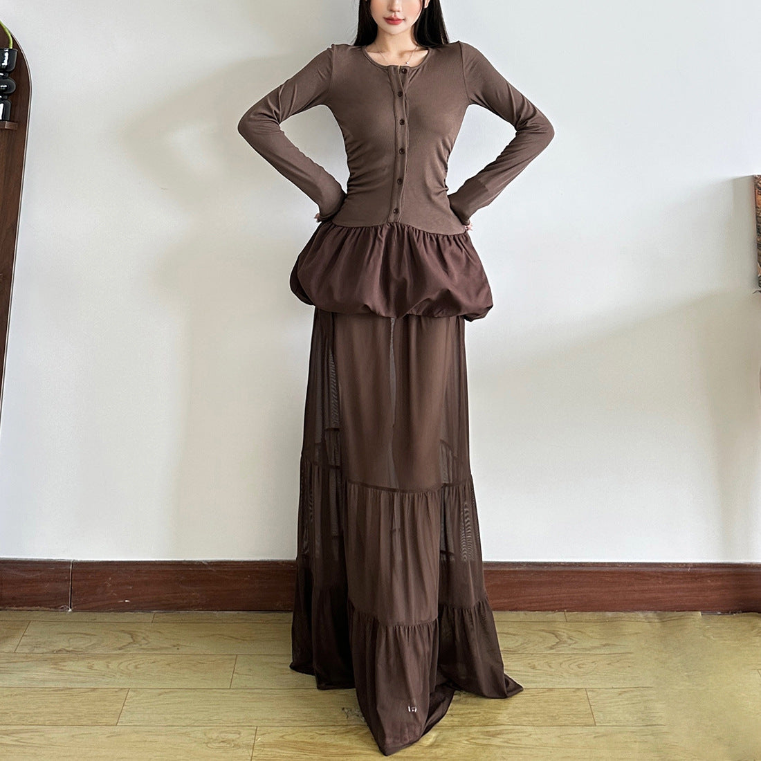 Sheer mesh ruched solid maxi skirt  | Festival Outfits Women
