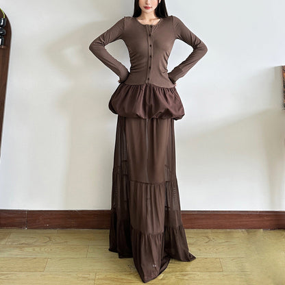 Sheer mesh ruched solid maxi skirt  | Festival Outfits Women