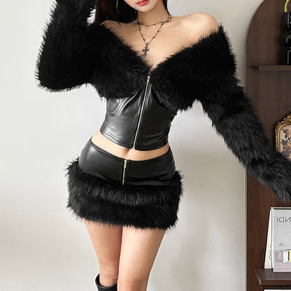 Zip-up PU leather fluffy patchwork mini skirt Cargo Mini Skirt  | Festival Outfits Women