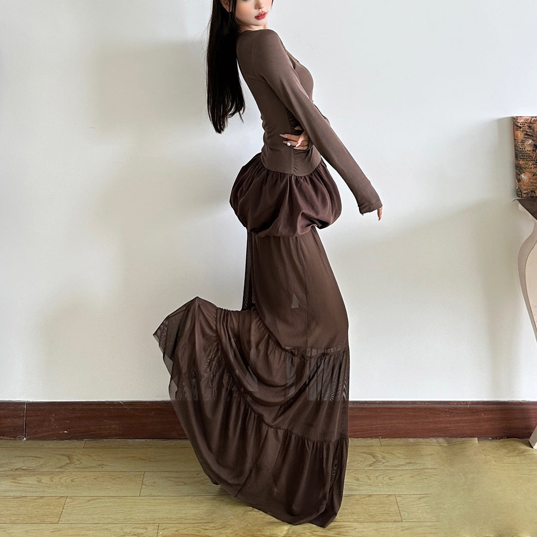 Sheer mesh ruched solid maxi skirt  | Festival Outfits Women