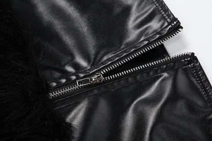 Zip-up PU leather fluffy patchwork mini skirt Cargo Mini Skirt  | Festival Outfits Women