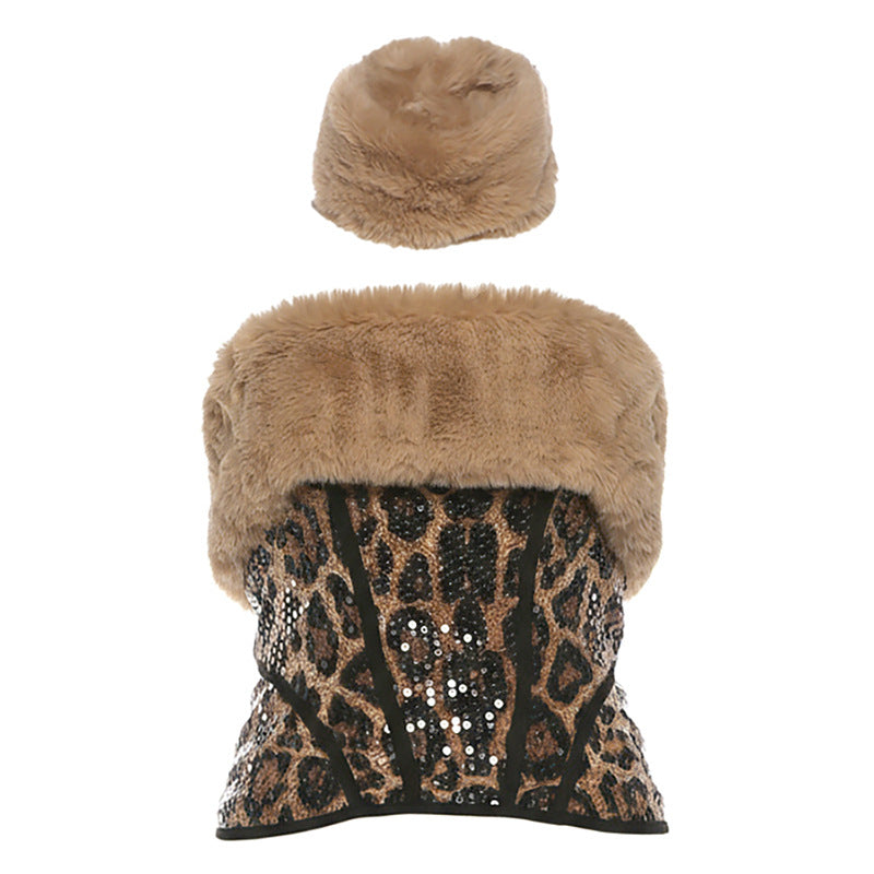 Leopard print glitter zip-up fluffy tube top  | Festival Outfits Women  | Cheetah Print Top