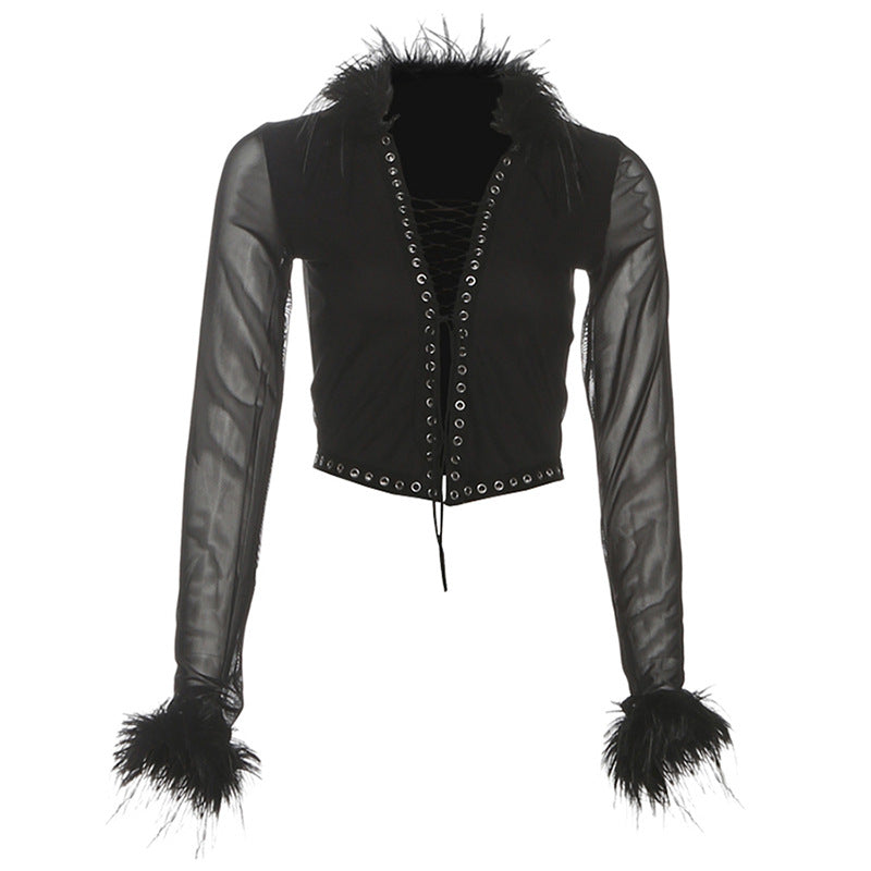 Long sleeve mesh lace up fluffy solid top  | Festival Outfits Women