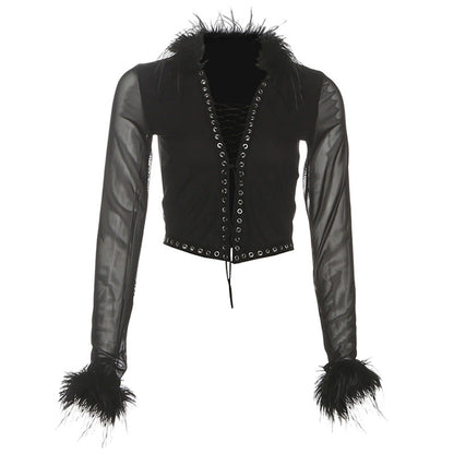 Long sleeve mesh lace up fluffy solid top  | Festival Outfits Women