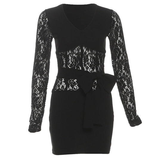 Long sleeve lace v neck bowknot mini dress  | Festival Outfits Women