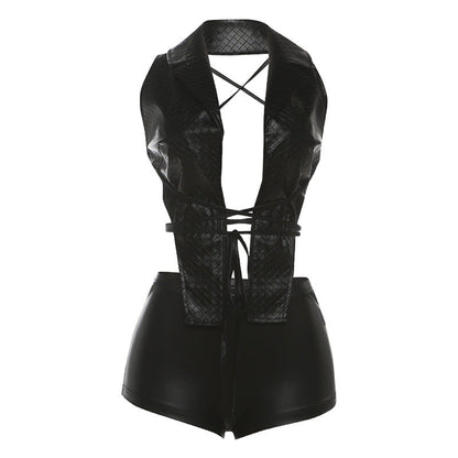 Self tie cross back PU leather low rise pant set  | Festival Outfits Women