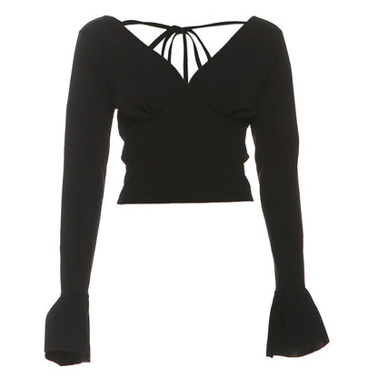 Long flared sleeve v neck self tie solid top  | Festival Outfits Women