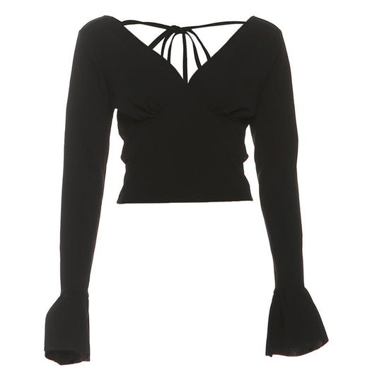 Long flared sleeve v neck self tie solid top  | Festival Outfits Women