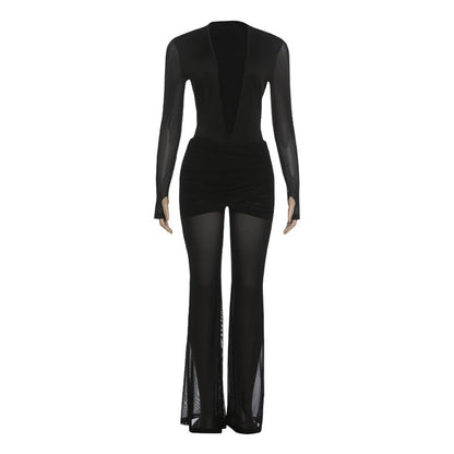 Gloves long sleeve deep v neck mesh pant set  | Festival Outfits Women
