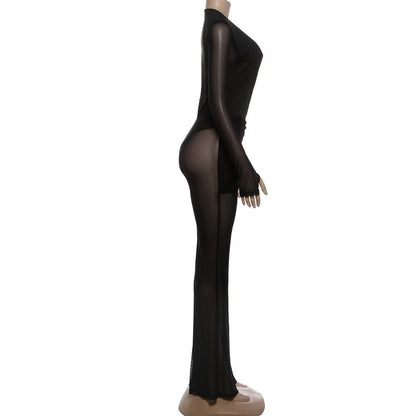 Gloves long sleeve deep v neck mesh pant set  | Festival Outfits Women