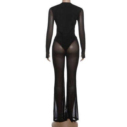 Gloves long sleeve deep v neck mesh pant set  | Festival Outfits Women