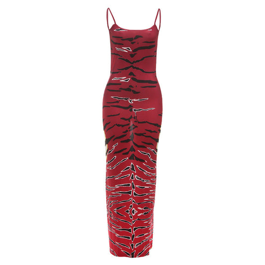 U neck slit print backless cami maxi dress  | Festival Outfits Women
