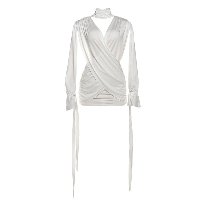 Hollow out v neck ruched long sleeve cut out mini dress  | Festival Outfits Women