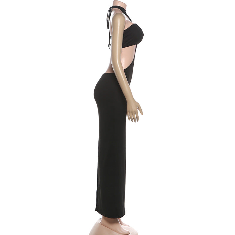Halter slit solid backless slit maxi dress  | Festival Outfits Women
