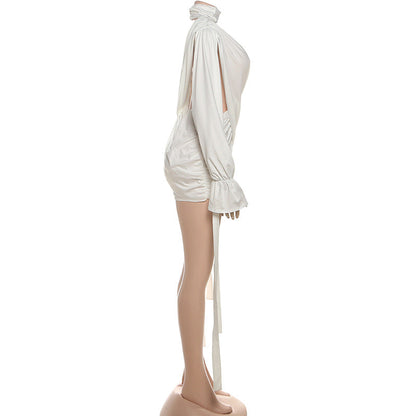 Hollow out v neck ruched long sleeve cut out mini dress  | Festival Outfits Women