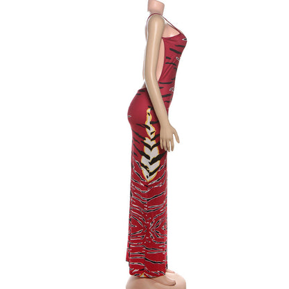 U neck slit print backless cami maxi dress  | Festival Outfits Women