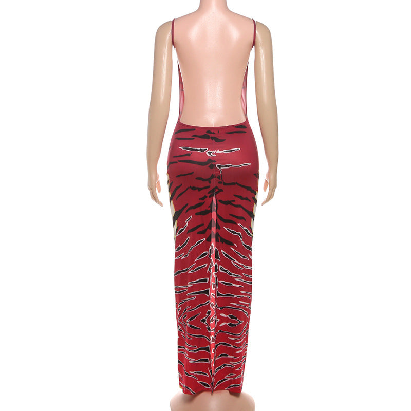 U neck slit print backless cami maxi dress  | Festival Outfits Women