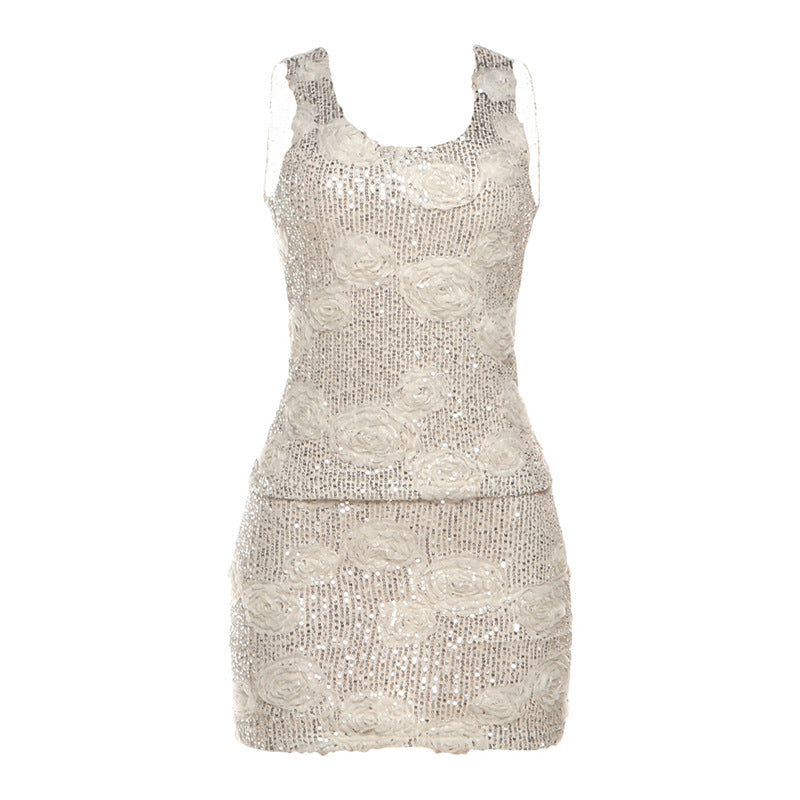 Glitter u neck flower applique tank mini skirt set  | Festival Outfits Women