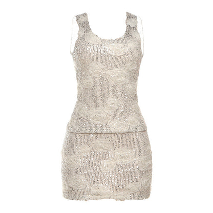 Glitter u neck flower applique tank mini skirt set  | Festival Outfits Women