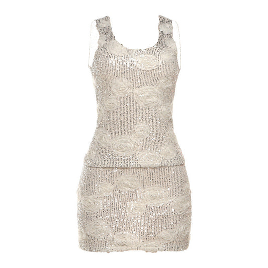 Glitter u neck flower applique tank mini skirt set  | Festival Outfits Women