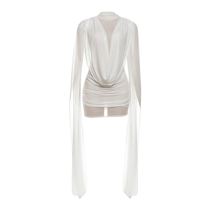 Mesh ruched crewneck solid mini dress  | Festival Outfits Women