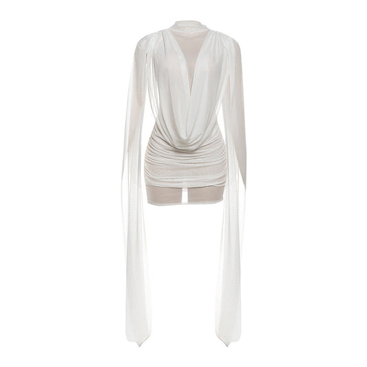 Mesh ruched crewneck solid mini dress  | Festival Outfits Women
