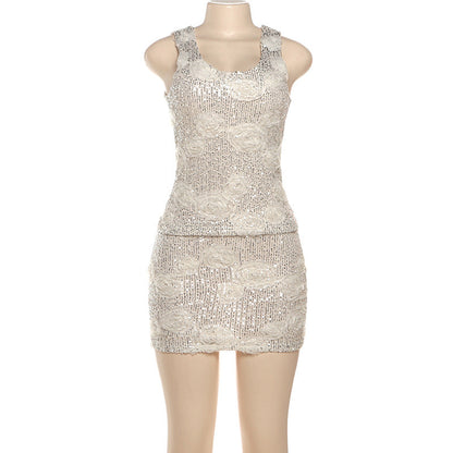 Glitter u neck flower applique tank mini skirt set  | Festival Outfits Women