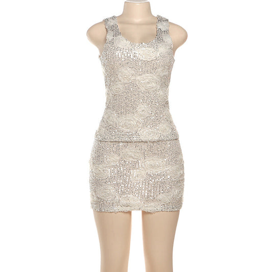 Glitter u neck flower applique tank mini skirt set  | Festival Outfits Women