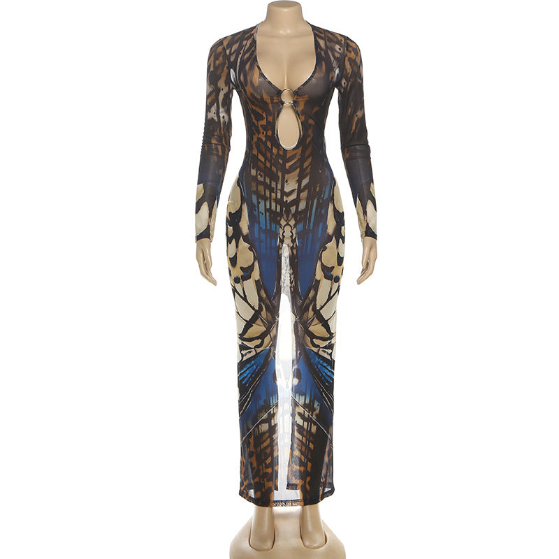 Long sleeve hollow out o ring print mesh cut out maxi dress  | Festival Outfits Women