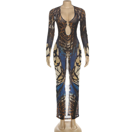 Long sleeve hollow out o ring print mesh cut out maxi dress  | Festival Outfits Women