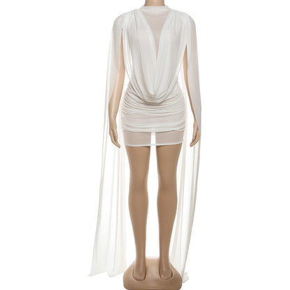 Mesh ruched crewneck solid mini dress  | Festival Outfits Women