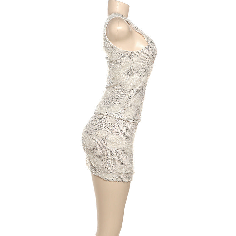 Glitter u neck flower applique tank mini skirt set  | Festival Outfits Women