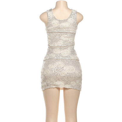 Glitter u neck flower applique tank mini skirt set  | Festival Outfits Women